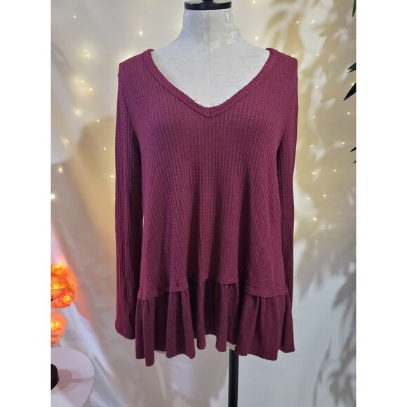 Eri + Ali Anthropologie NWT Tallie Distressed Peplum Thermal Top Womens Size L - Picture 1 of 11